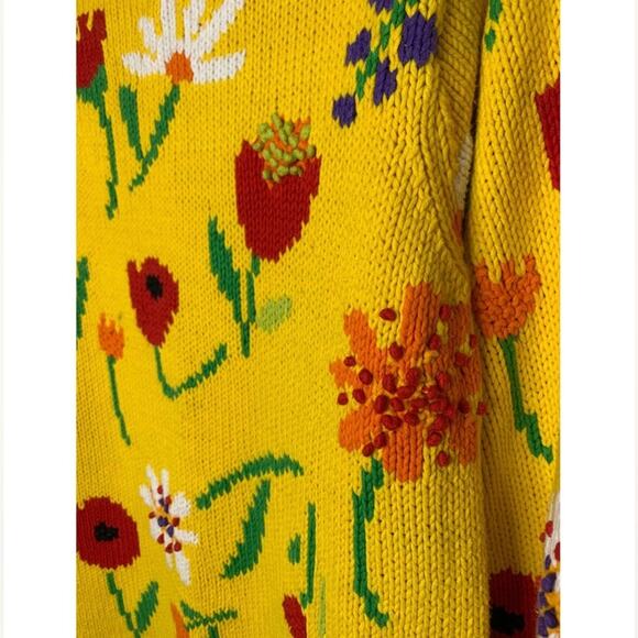 Vintage 1990s Marisa Christina Floral Sweater Cotton Blend Small Yellow Multi - Picture 4 of 10
